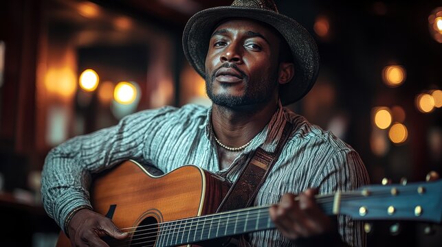 Musician plays acoustic guitar in bar