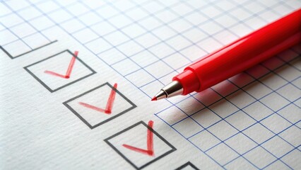 A red pen rests on a sheet of grid paper with check marks in three boxes