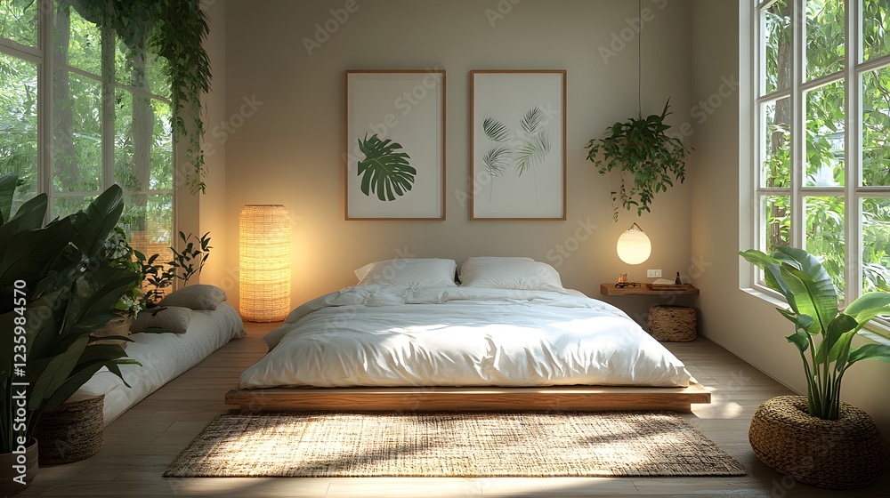 Poster frame mockup nestled a contemporary nomadic bedroom seen from a bird'seye view capturing the layout 