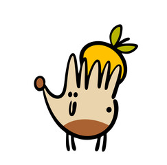 Cute little hedgehog is walking through the forest, carrying an apple on needles. Vector illustration of an animal and  fruit. Isolated funny character on white background.