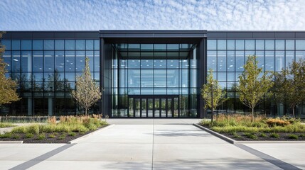 Modern glass and steel office building, symmetrical design, bathed in midday light, showcasing sleek architecture and urban professionalism.