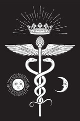 Caduceus magic staff carried by Hermes symbol of medicine with serpents consuming each other. Tattoo, poster or print design vector illustration