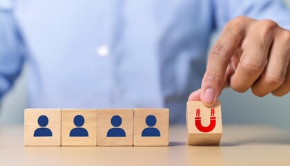 Attracting online customer and lead generation concept. Digital inbound marketing, customer retention strategy.Hand hold wooden cube with the icon big magnet  attract many people  grey background new