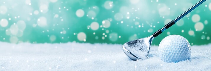 Golf clubs with snow covered ball on frosty green background - A winter scene featuring a golf club and snow covered ball, symbolizing sport, winter, elegance, nature, and contrast.