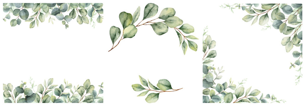 Watercolor set of frames and wreaths with green eucalyptus leaves and branches. Greenery clipart for wedding invitation, greeting cards, save the date, stationery design.  Hand drawn illustration.