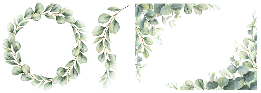 Watercolor set of frames and wreaths with green eucalyptus leaves and branches. Greenery clipart for wedding invitation, greeting cards, save the date, stationery design.  Hand drawn illustration.