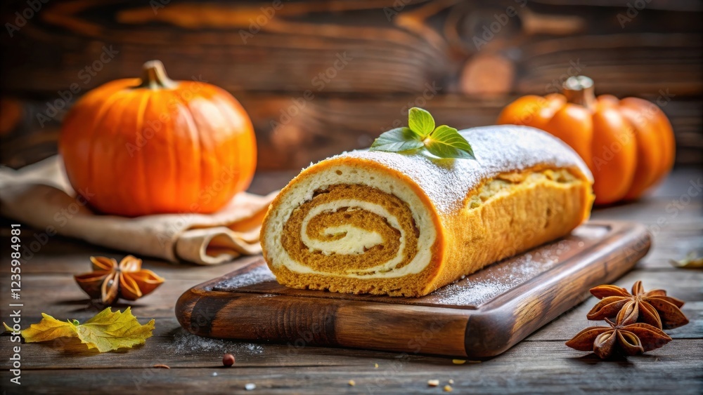 Poster a slice of pumpkin roll with a sprinkle of powdered sugar and a sprig of mint, resting on a wooden c