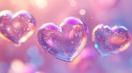 Obraz premium Glowing iridescent heart shaped bubbles floating in a pastel pink dreamy background. Valentines Day