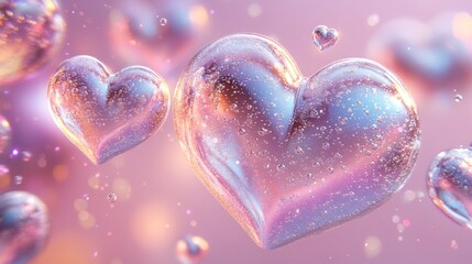 Fototapeta premium Floating translucent hearts with glass texture and sparkling bubbles. Dreamy pastel, Valentines Day