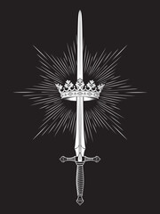 Hand drawn royal sword Excalibur and crown vintage line art tattoo vector illustration isolated