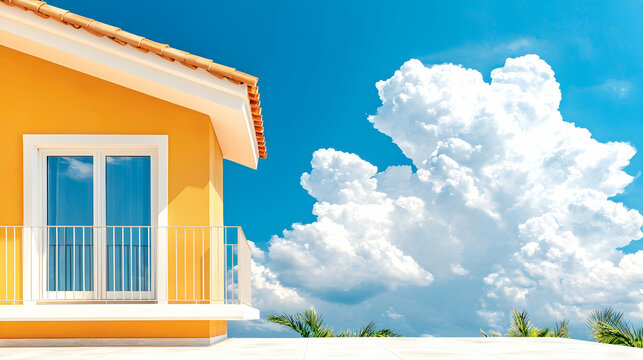 Sunny yellow house balcony, palm trees, clouds. Real estate brochure