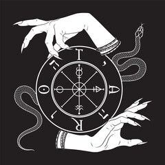 Wheel of Fortune and snake in witch hands. Tattoo, poster or print design vector illustration