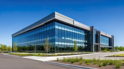 Obraz premium Modern glass and steel office building, symmetrical design, bathed in midday light, showcasing sleek architecture and urban professionalism.