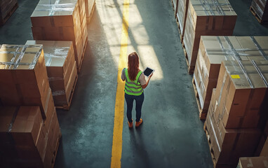 Female supervisor using digital tablet, managing inventory in large warehouse