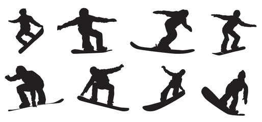 set silhouettes of snowboarding. Silhouettes of snowboarder isolated