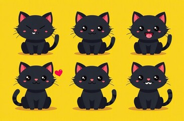 Fototapeta premium Black cat kitten kitty icon set. Cute kawaii cartoon character. Sad, angry, happy, surprised emotion. Valentines Day. Greeting card, banner, tshirt, sticker print. Yellow background Flat design 