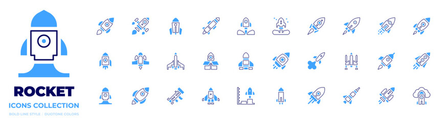 Rocket icon collection. Bold line style. Duotone colors. rocket, launch, take off, rocket ship, startup, rocket launch, missile, deployment, rocket launcher
