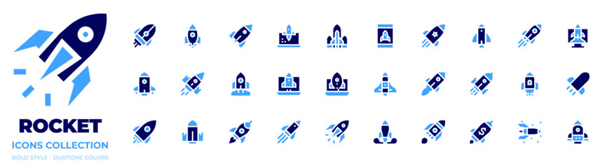 Rocket icon collection. Bold style. Duotone colors. startup, rocket, space rocket, undertake, spaceship, smartphone, space ship, launch, release, spring swing rocket