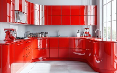 Bright red kitchen with sleek cabinets, glossy countertops, and modern appliances, creating a bold and stylish atmosphere