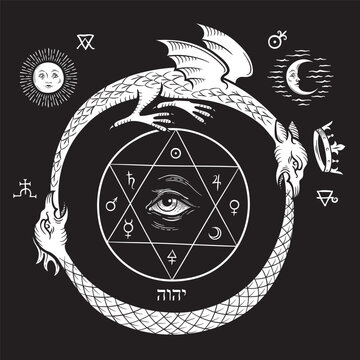 An ouroboros or uroboros serpent and dragon consuming each other alchemical formula of philosophers stone. Tattoo, poster or print design vector illustration