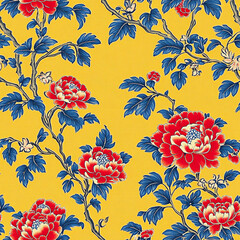 Yellow Floral Chinoiserie Seamless Pattern | Elegant Vintage Asian-Inspired Digital Paper