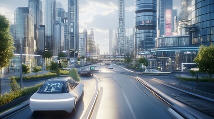 Futuristic cityscape with self driving cars and modern architecture on a sunny day