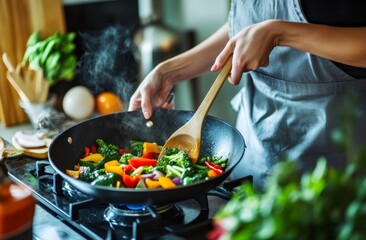 Woman stir-frying colorful vegetables in a wok.