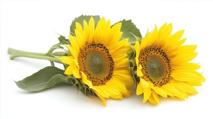 Obraz premium Two Bright Yellow Sunflowers On White Background