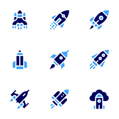Rocket icon set. Bold style. Duotone colors. spaceship, astronomy, pencil, rocket, startup