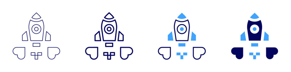 Rocket implementations icon in 4 different styles. Thin Line, Line, Bold, and Bold Line. Duotone style. Editable stroke