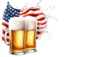 Refreshing Beer with American Flag Background - Two frosty beer mugs with foam on top splashing against an American flag background creating a festive atmosphere.