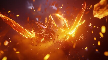 Abstract explosion of bright orange crystal fragments with a dynamic fiery effect