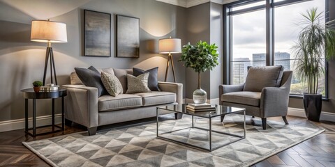 Fototapeta premium A modern living room with a grey couch, a black glass coffee table, and a grey armchair, adorned with a patterned rug and natural light streaming through the window