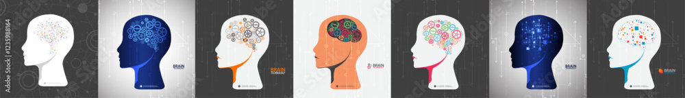 Poster Collection of seven android heads. Image of artificial intelligence. Vector.