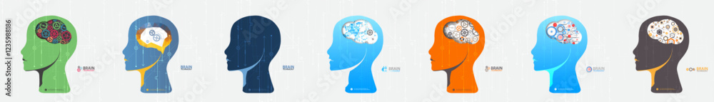 Poster Collection of seven android heads. Image of artificial intelligence. Vector.