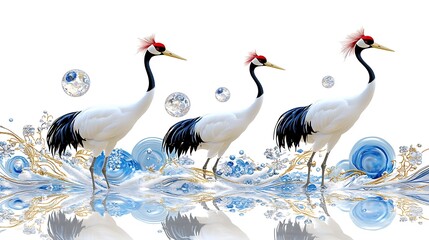 Obraz premium Elegant Red crowned Cranes in Blue Water with Sparkling Jewels Artistic Bird Image