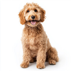 Adorable Goldendoodle Sitting with Tongue Out in White Background