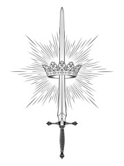 Hand drawn royal sword Excalibur and crown vintage line art tattoo vector illustration isolated
