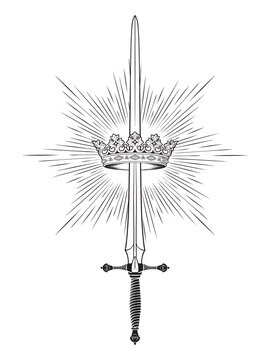 Hand drawn royal sword Excalibur and crown vintage line art tattoo vector illustration isolated
