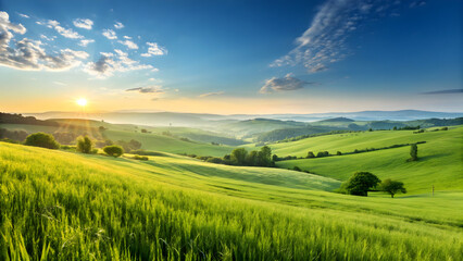 Fototapeta premium Serene Sunrise Over Lush Green Hills and Open Fields Landscape