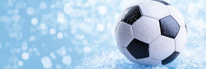 Obraz premium Soccer ball with ice crystals in blue background - A soccer ball is placed on a snowy surface with ice crystals reflecting light creating a cool winter sports atmosphere.