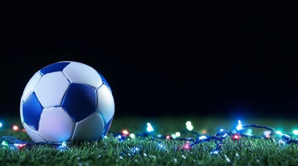Fototapeta premium Soccer Ball with Colorful Lights on Grass - A soccer ball rests on green grass surrounded by colorful lights against a dark background, creating a festive atmosphere.
