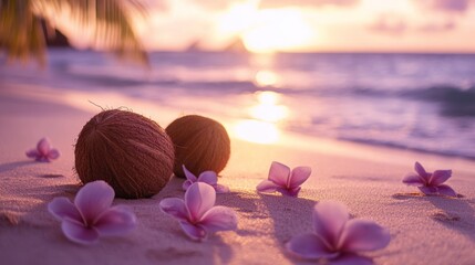 Tropical sunset beach scene with coconuts and flowers