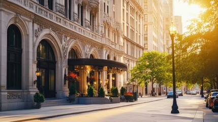 Fototapeta premium Golden-hour city hotel entrance, street view, travel