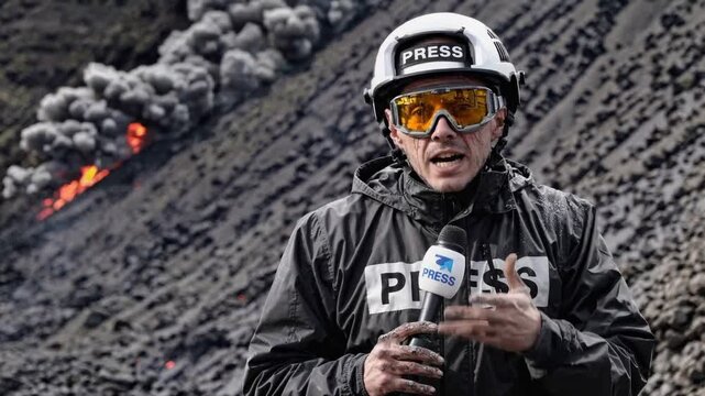 Journalist reporting live as a massive volcanic explosion unfolds behind, continuous loop animation, Generative AI