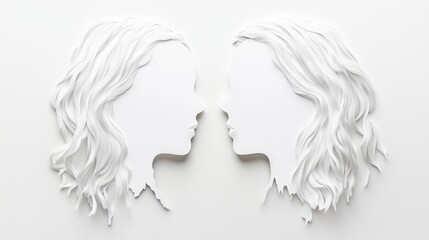 Twins Isolated as White Cutouts - Two elegant white cutouts of female faces in profile, symbolizing unity, duality, identity, connection, and harmony against a solid white background.