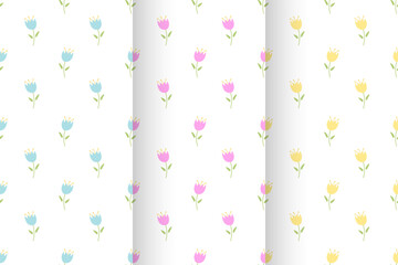 Floral pattern in small flowers. Small pink, blue and yellow flowers. Vertical backgrounds set. Ditsy print. Abstract ornament in gentle spring motif. Vector for printing on surfaces. Design of dress