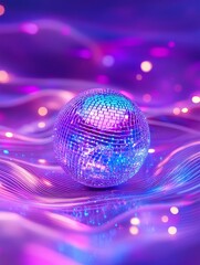 Obraz premium Vibrant disco ball against a purple bokeh backdrop - A dazzling disco ball reflects light in a swirling purple backdrop, symbolizing celebration, joy, nightlife, music, and vibrant energy.