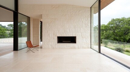 Modern home interior fireplace, stone wall, glass doors, hill view, calm atmosphere, real estate