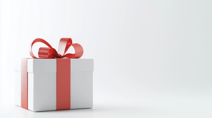 White Gift Box with Red Ribbon on White Background